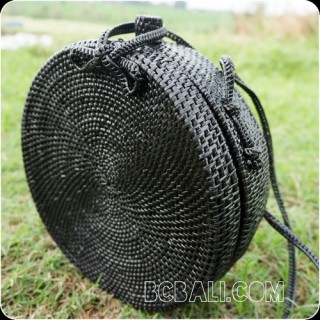 black color ata rattan handbag handwoven handmade circle design